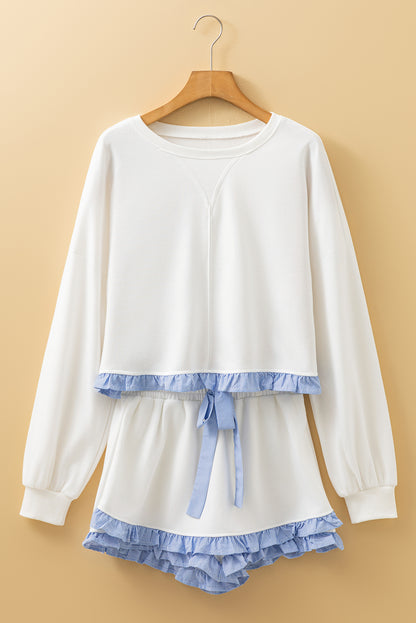 White Plaid Ruffled Patchwork Drop Shoulder Pullover and Drawstring Elastic Waist Shorts Matching Set