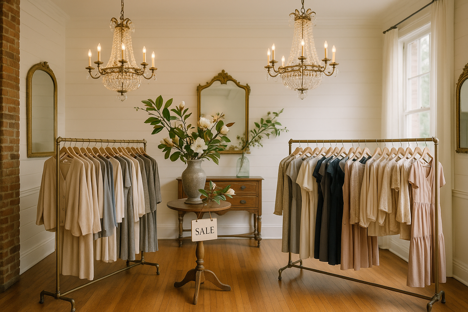 A boutique that has southern but classy feel, overlooking sales racks